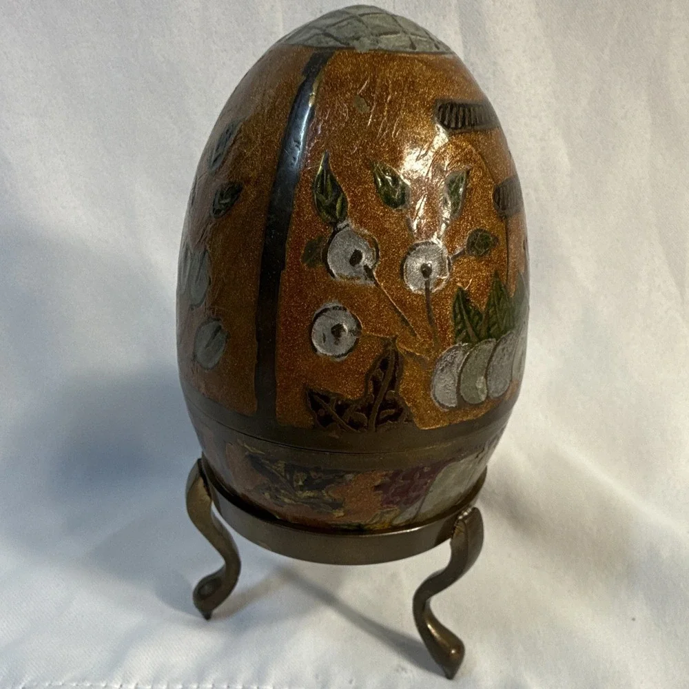 Vintage Brass Cloisonne Enamel Egg Trinket Box with 3-Footed Stand